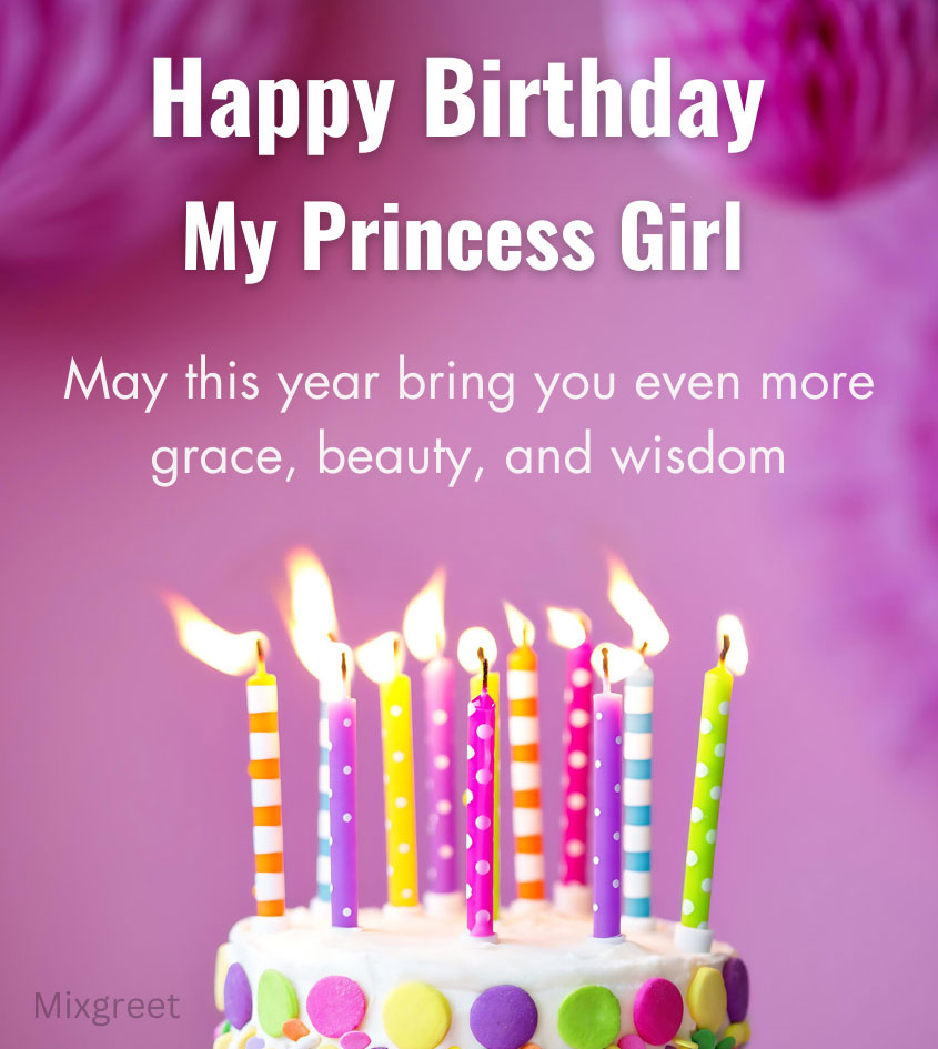 Happy Birthday Princess girl wishes with cake and candle