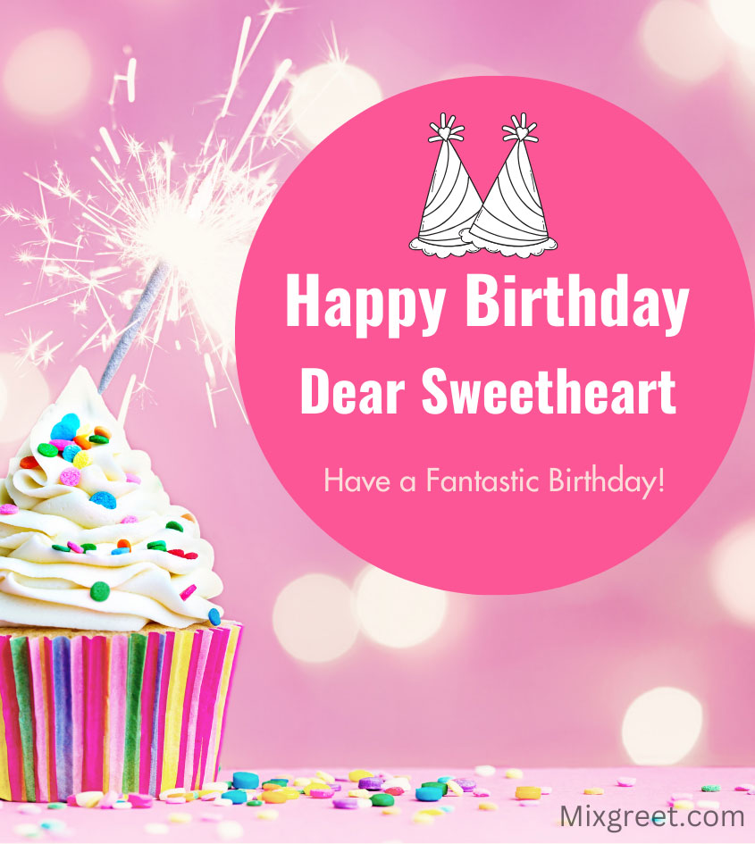 Birthday Wishes for Sweetheart with Pink Background and Cake with sparklers