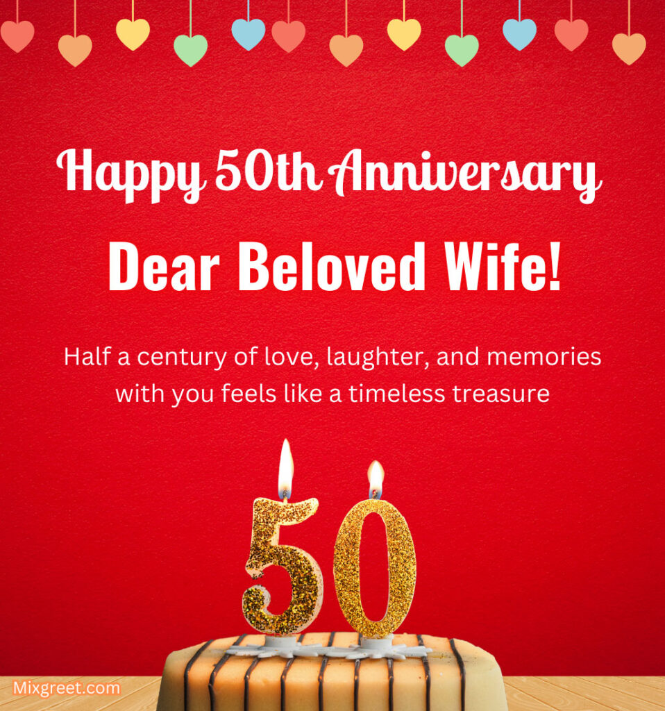 50th Anniversary Wishes for Wife with Golden Fifty anniversary cake